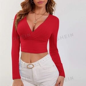 SHEIN Red Cropped Long Sleeve V Neck Top